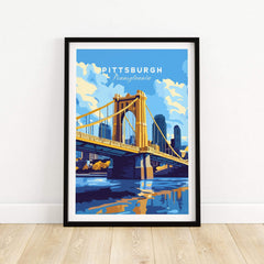 Pittsburgh Travel Print featuring the iconic yellow bridge and skyline, showcasing the beauty of Pittsburgh, Pennsylvania.