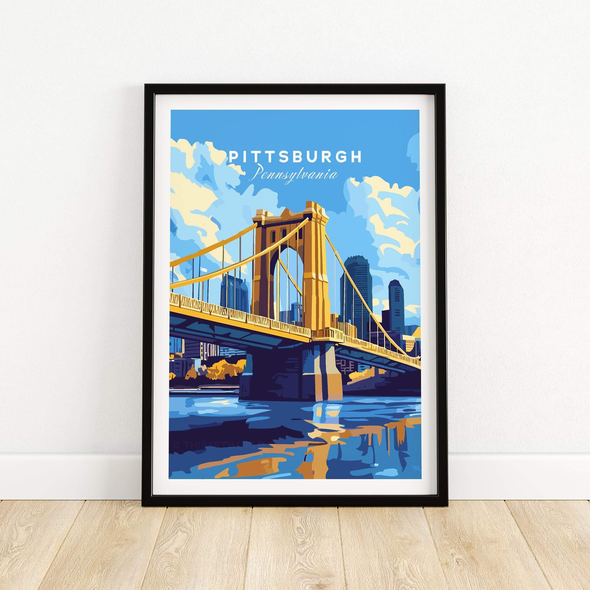 Pittsburgh Travel Print featuring the iconic yellow bridge and skyline, showcasing the beauty of Pittsburgh, Pennsylvania.