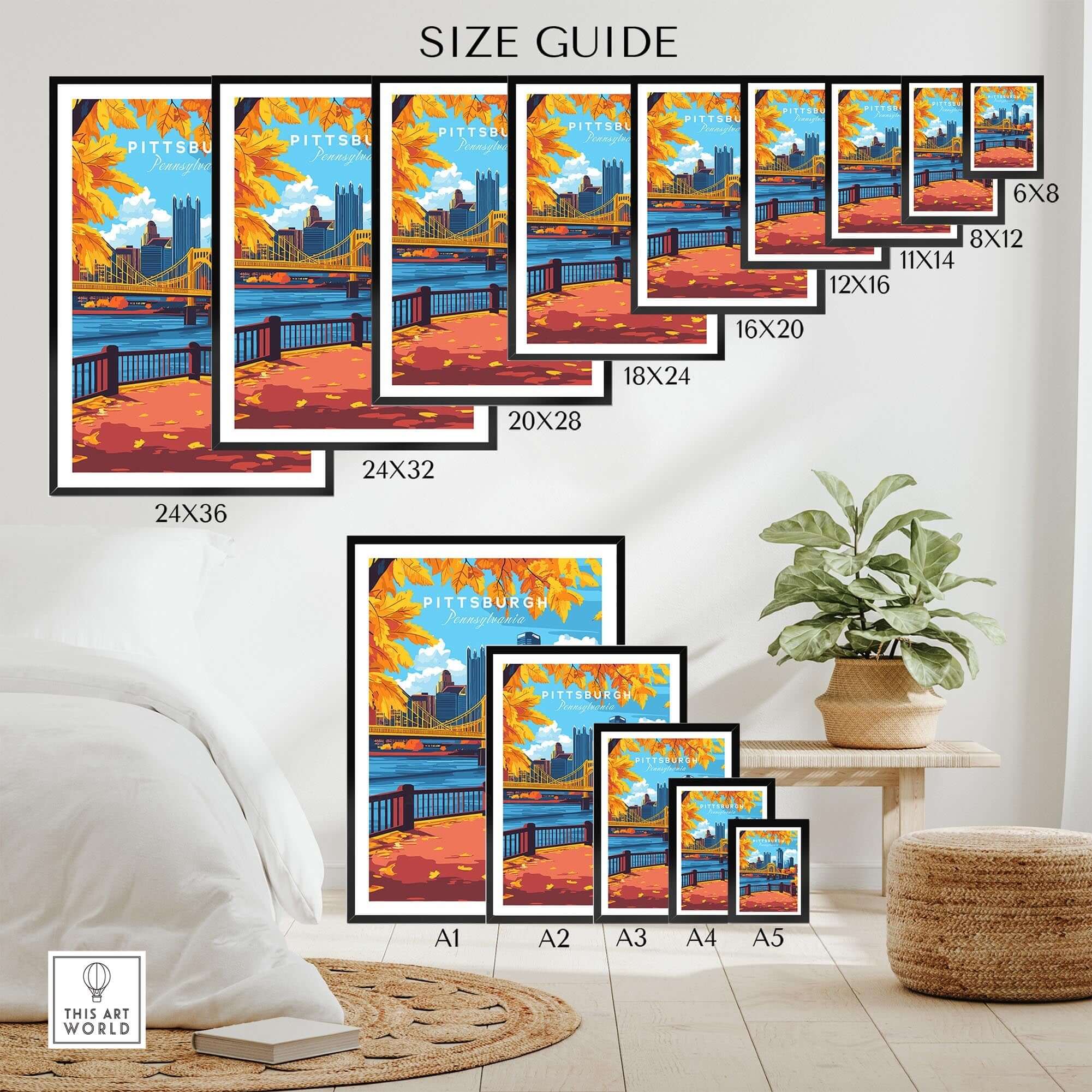 Size guide for Pittsburgh Wall Art Print featuring various dimensions for decor options.