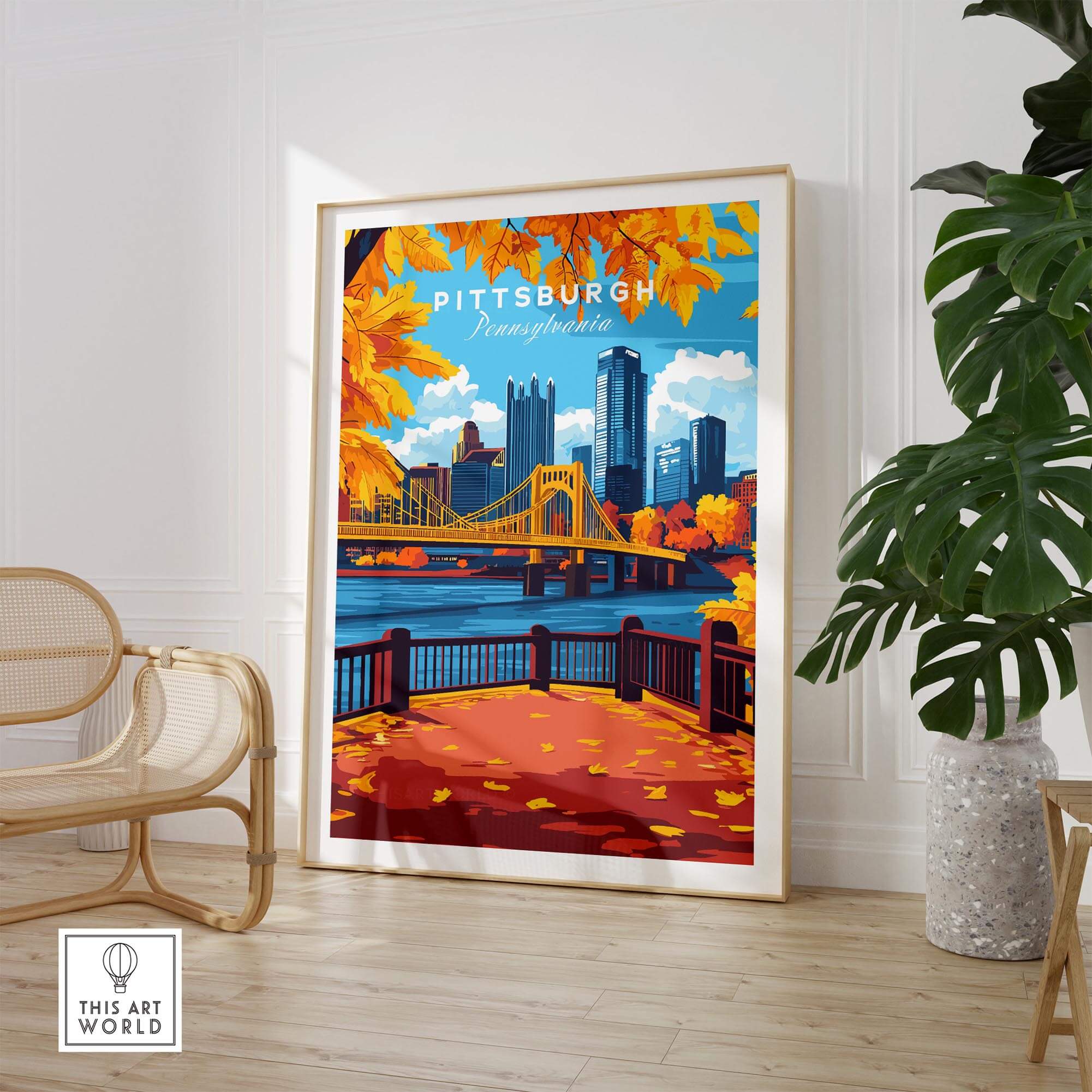 Pittsburgh Wall Art Print showcasing vibrant fall colors and city skyline in a cozy living space.