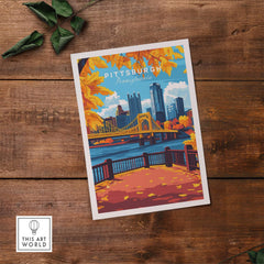 Pittsburgh Wall Art Print featuring autumn leaves and the city skyline.