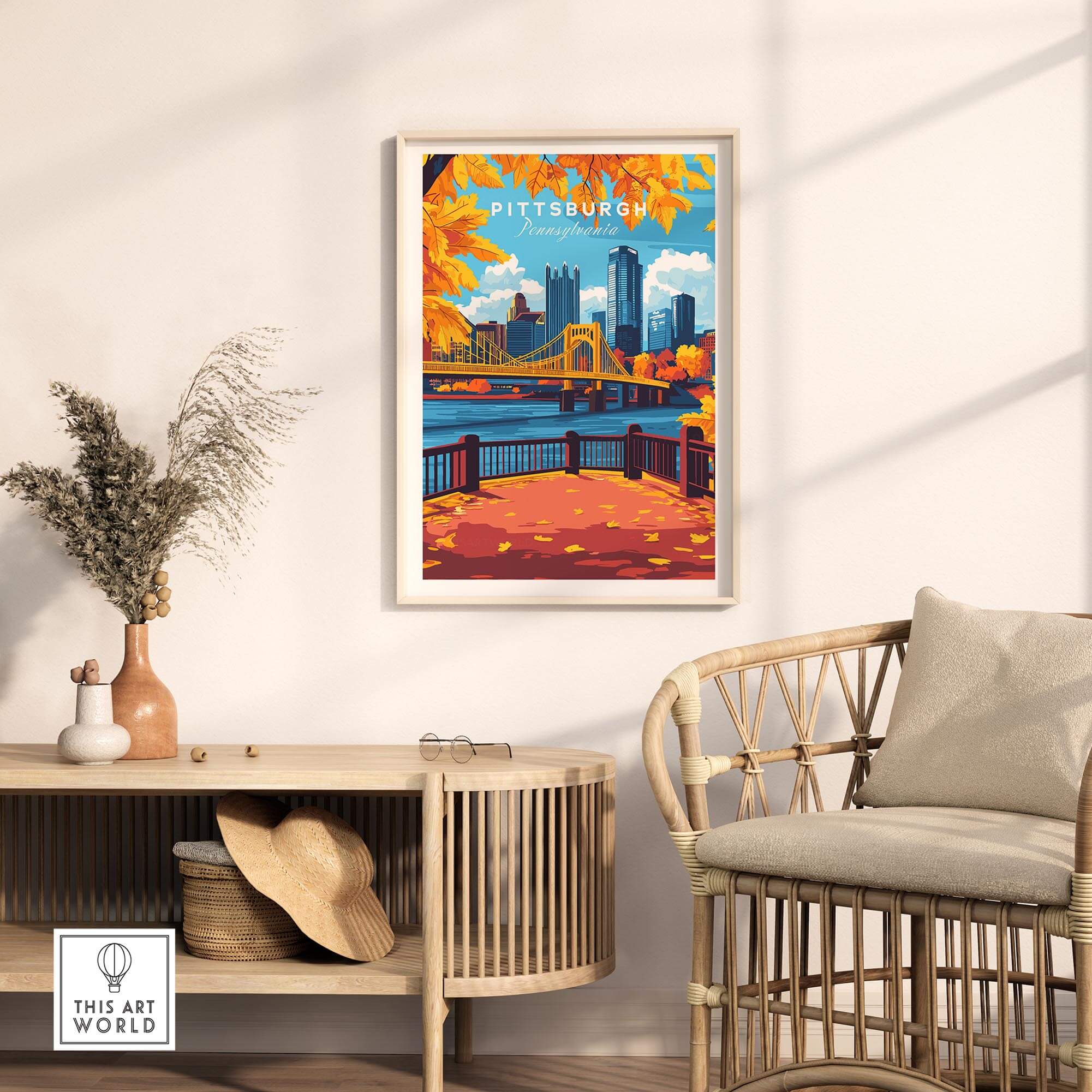 Pittsburgh Wall Art Print showcasing vibrant autumn views of the Steel City in a stylish home setting.