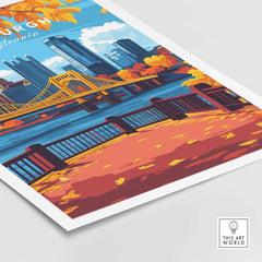 Pittsburgh Wall Art Print showcasing vibrant autumn colors and city skyline along the river.