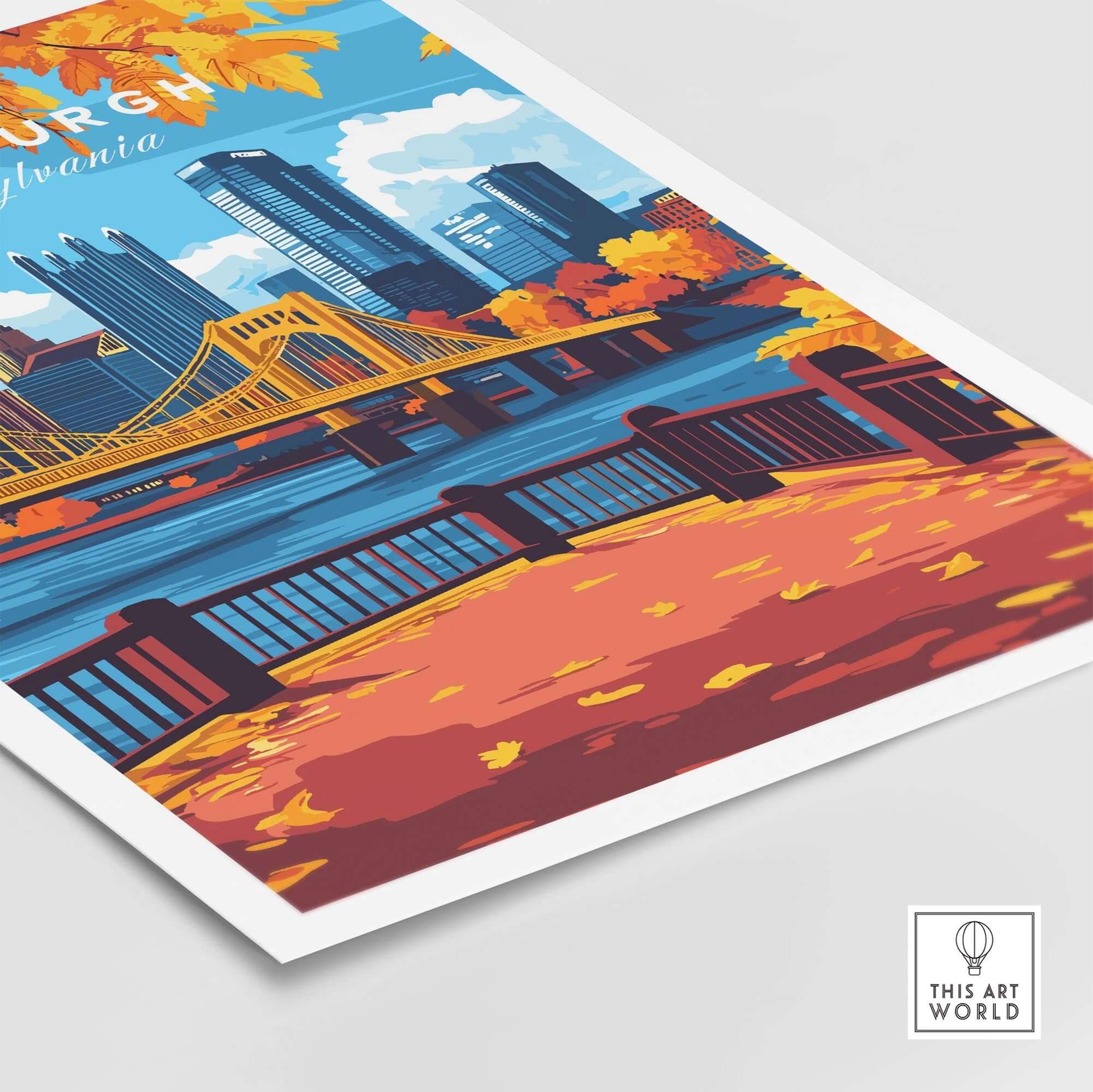 Pittsburgh Wall Art Print showcasing vibrant autumn colors and city skyline along the river.