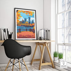 Pittsburgh Wall Art Print showcasing vibrant autumn colors and city views in a modern home office setting.