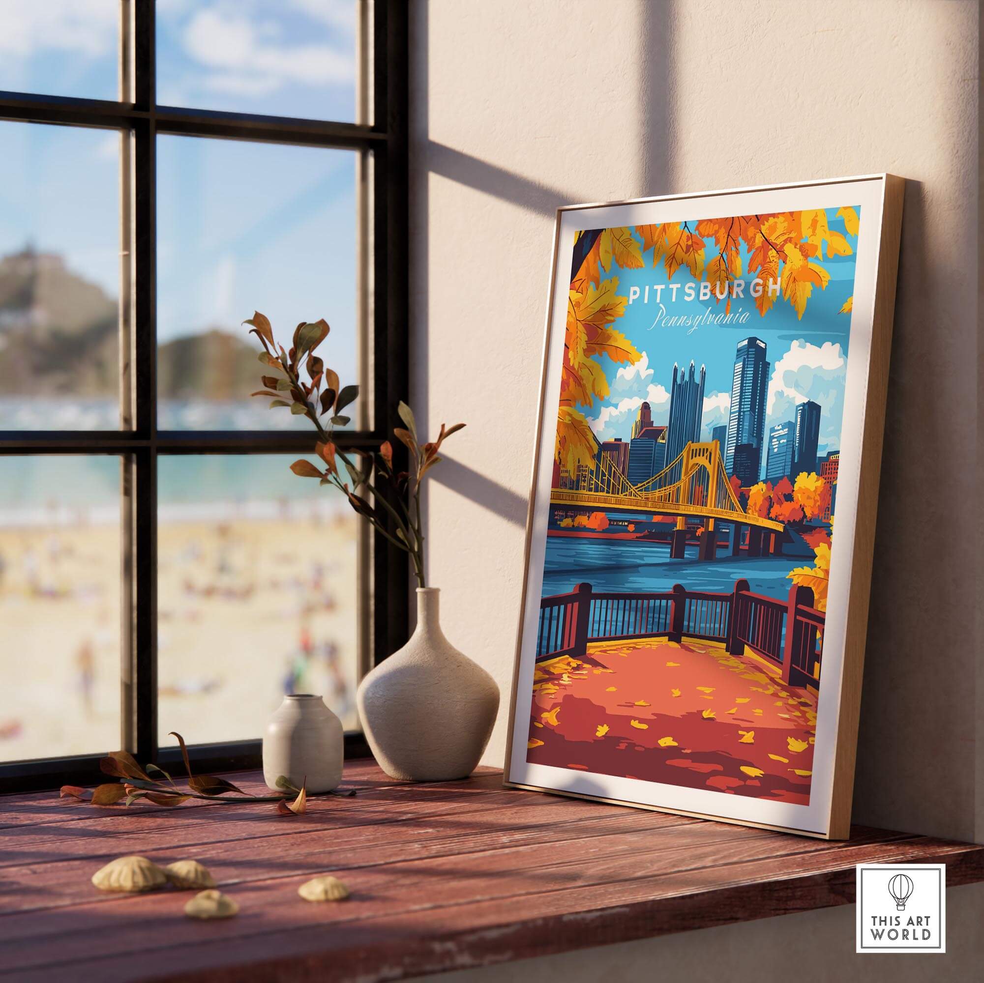 Pittsburgh Wall Art Print featuring vibrant cityscape and autumn colors, perfect for decorating your home.