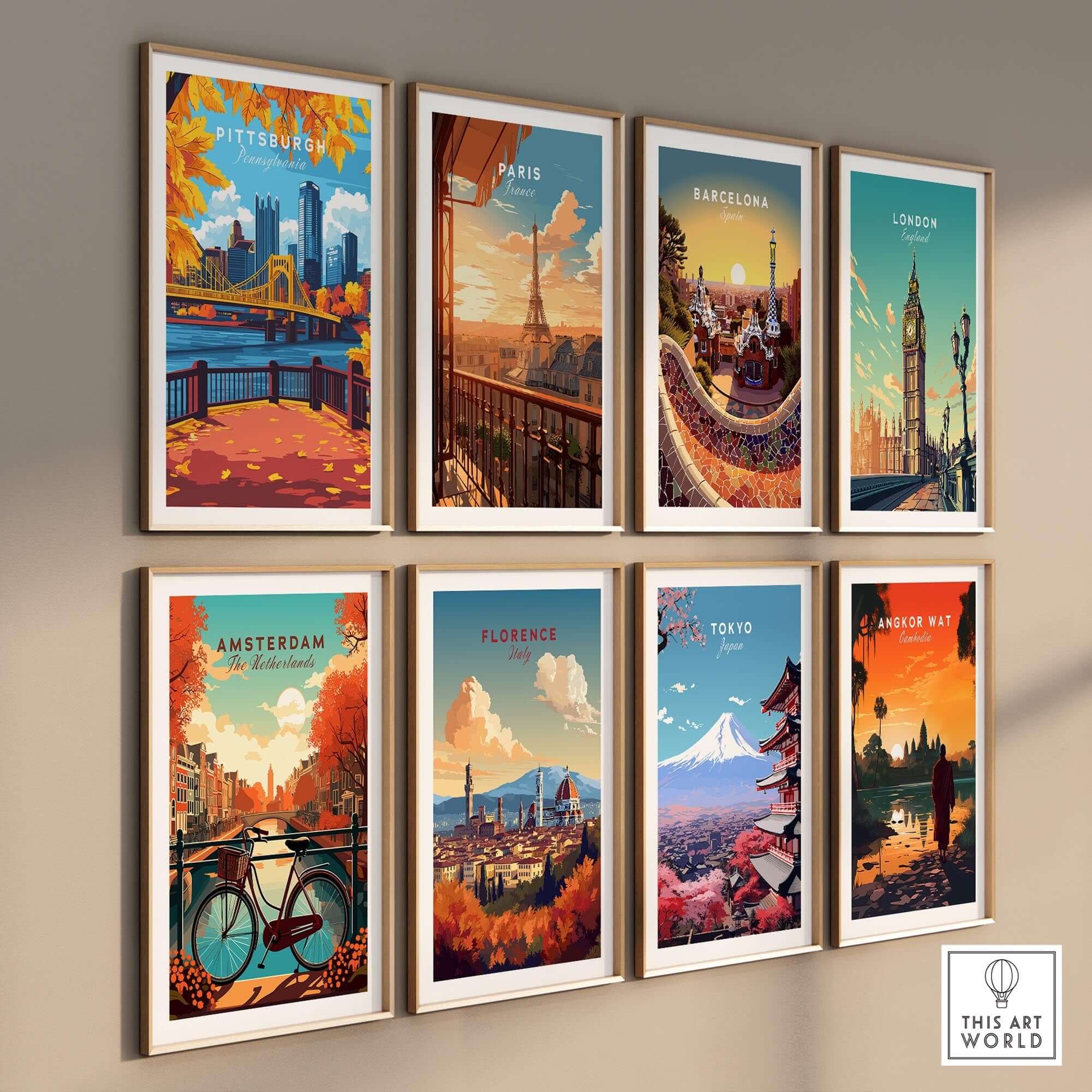 Pittsburgh Wall Art Print displayed among vibrant travel posters of iconic cities like Paris, Barcelona, London, and Tokyo.