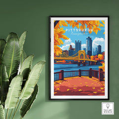 Pittsburgh Wall Art Print showcasing vibrant views of the Steel City with autumn leaves.