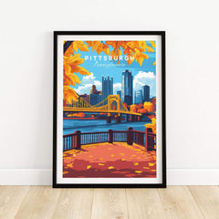 Pittsburgh Wall Art Print showcasing autumn leaves and the city skyline in a vibrant travel poster design.