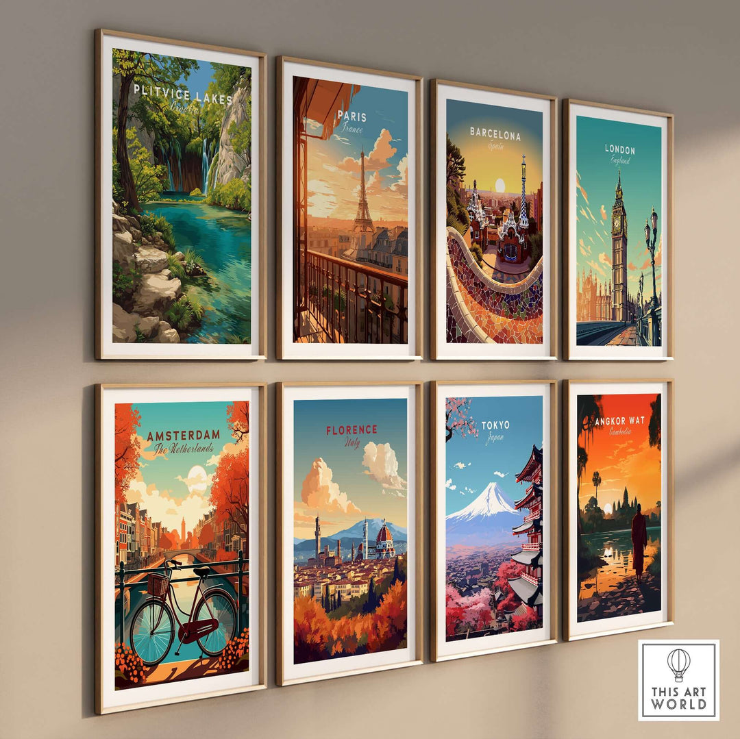 Collection of travel posters featuring Plitvice Lakes, Paris, Barcelona, London, Amsterdam, Florence, Tokyo, and Angkor Wat.