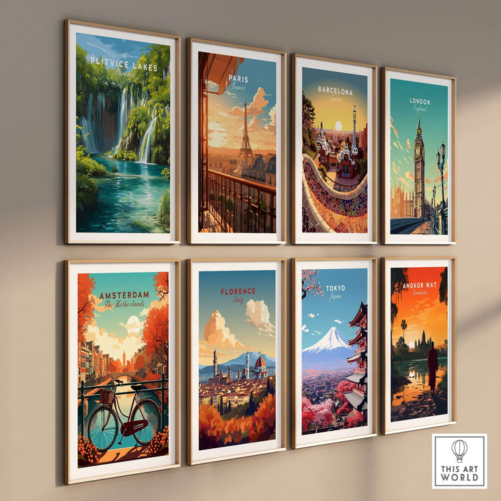 Gallery of travel art prints featuring Plitvice Lakes, Paris, Barcelona, London, Amsterdam, Florence, Tokyo, and Angkor Wat.