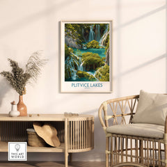 Plitvice Lakes Cascade Poster, Croatia Wall Art, Waterfall Print displayed in a stylish home interior with natural decor.