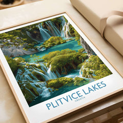 Plitvice Lakes Cascade Poster, Croatia Wall Art, Waterfall Print featuring lush waterfalls and vibrant greenery.