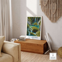 Plitvice Lakes Cascade Poster, Croatia Wall Art, Waterfall Print displayed in a cozy living room setting.