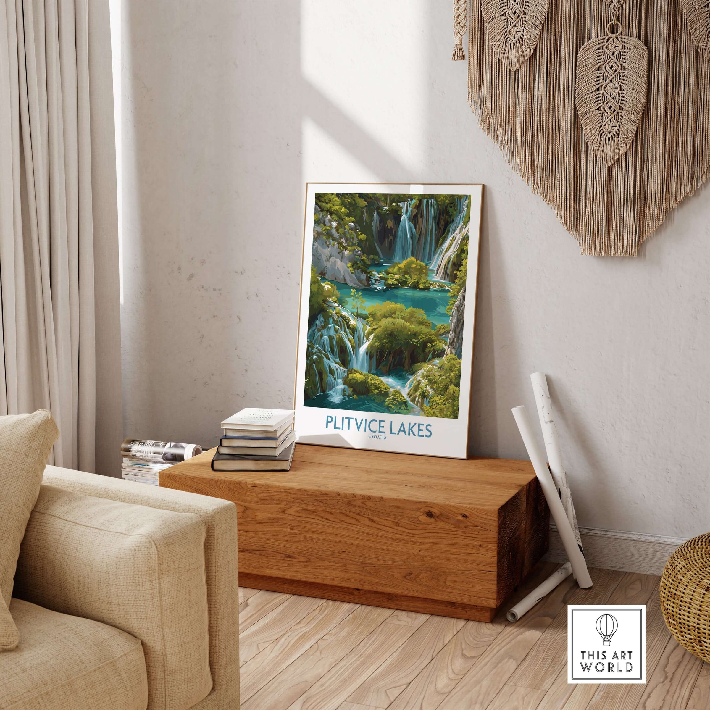 Plitvice Lakes Cascade Poster, Croatia Wall Art, Waterfall Print displayed in a cozy living room setting.