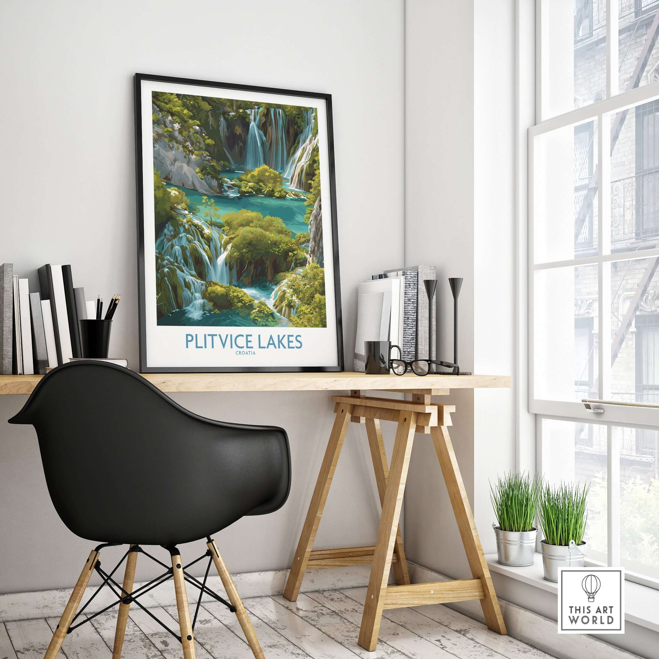 Plitvice Lakes Cascade Poster, Croatia Wall Art, Waterfall Print displayed in a modern workspace with natural light.