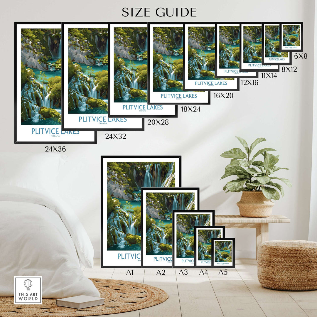 Size guide for Plitvice Lakes Cascade poster, showcasing various frame sizes and dimensions for wall art.