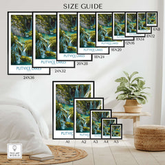 Plitvice Lakes Cascade Poster, Croatia Wall Art, Waterfall Print size guide showcasing various frame sizes