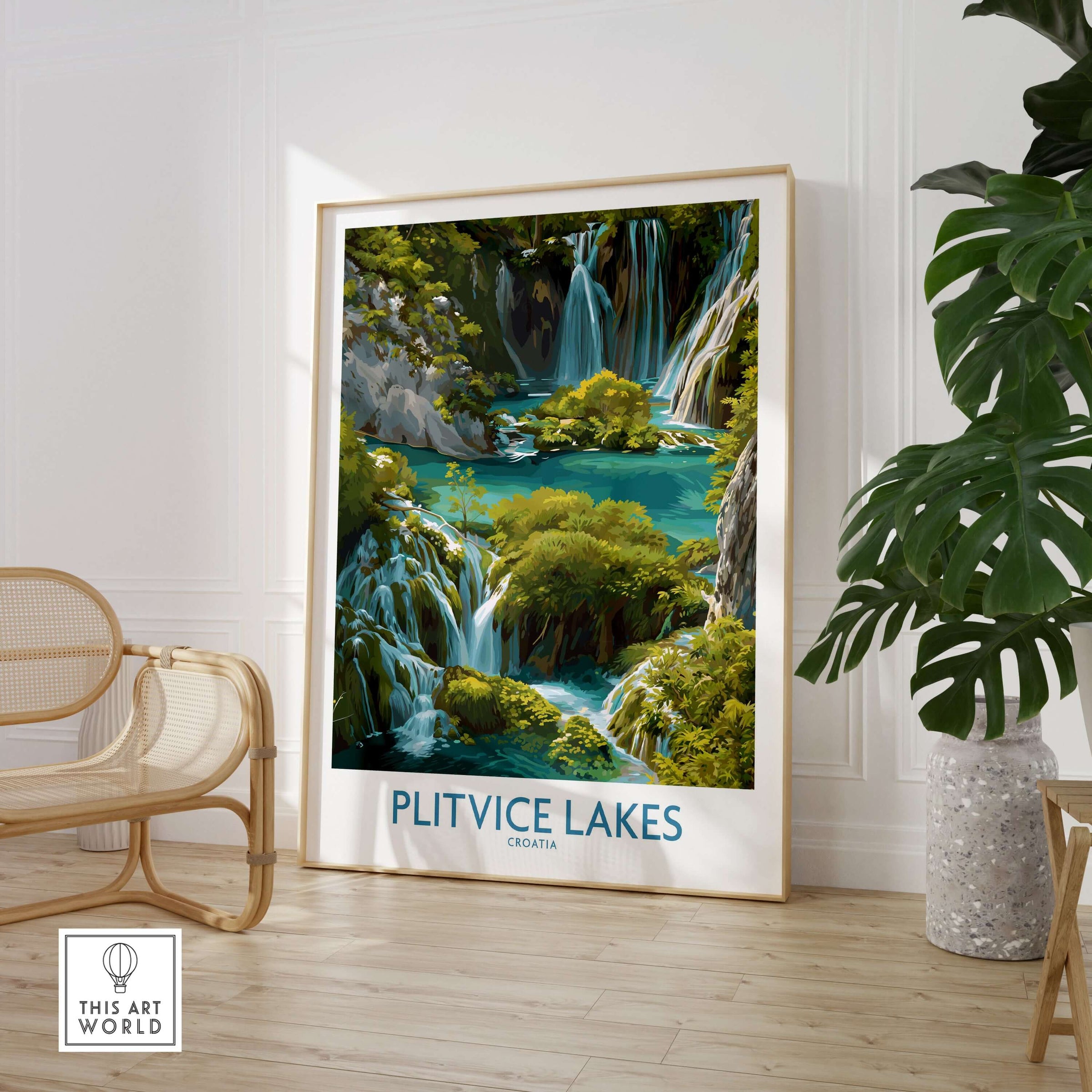 Plitvice Lakes Cascade Poster, Croatia Wall Art, Waterfall Print featuring a vibrant waterfall scene in a modern interior.