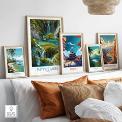 Plitvice Lakes Cascade Poster, Croatia Wall Art, Waterfall Print displayed with other travel-themed artworks.