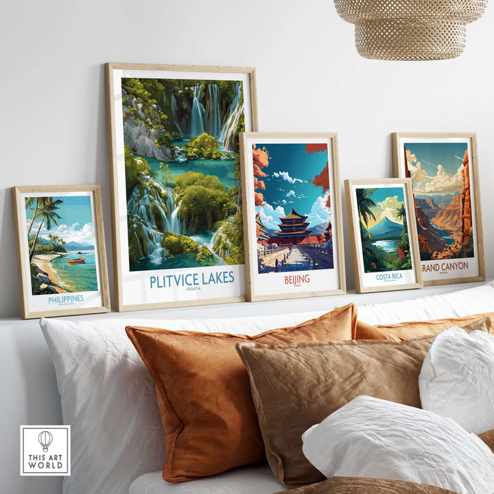 Plitvice Lakes Cascade poster among framed travel art prints, showcasing vibrant landscapes for home decor.