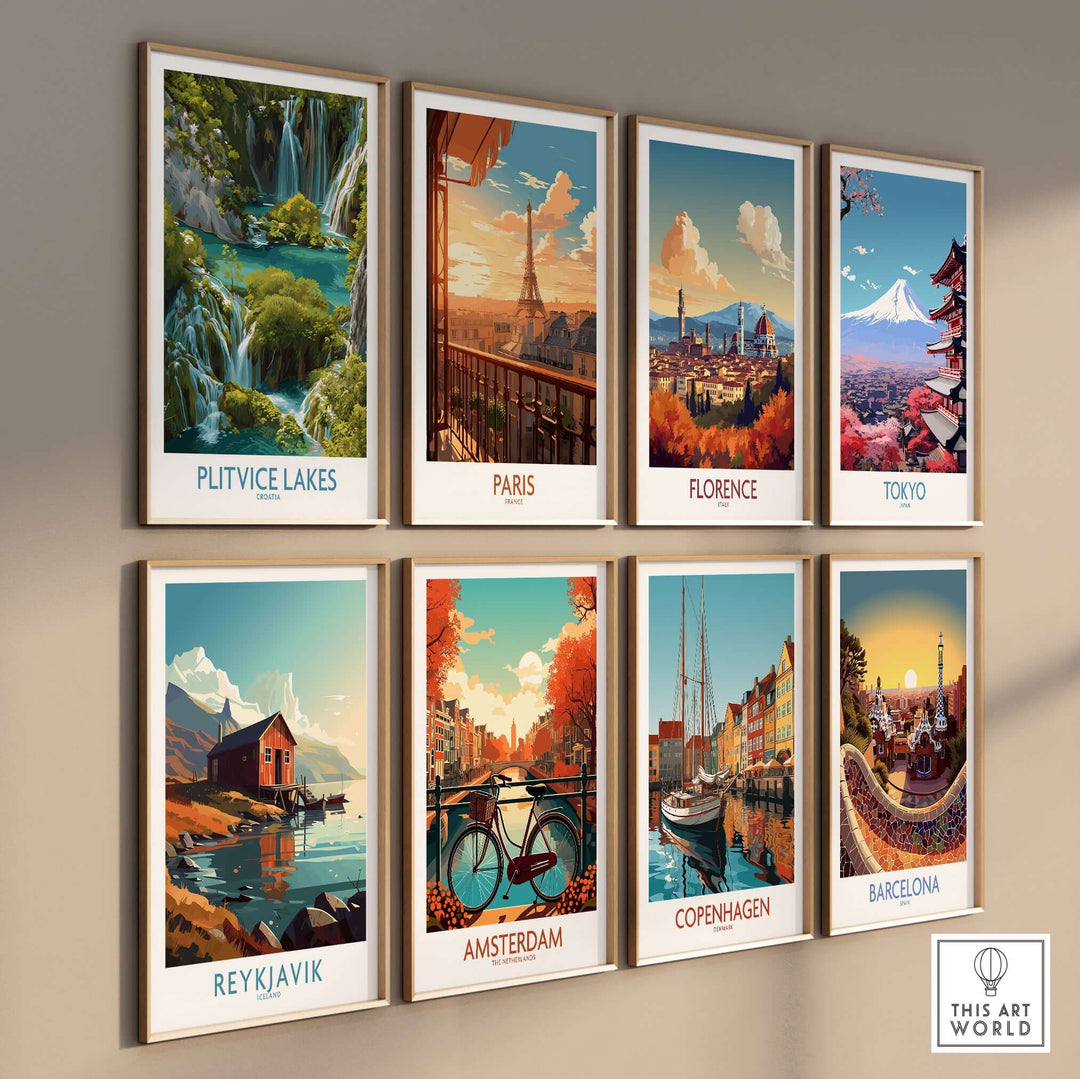 Gallery wall art featuring Plitvice Lakes, Paris, Florence, Tokyo, Reykjavik, Amsterdam, Copenhagen, and Barcelona.