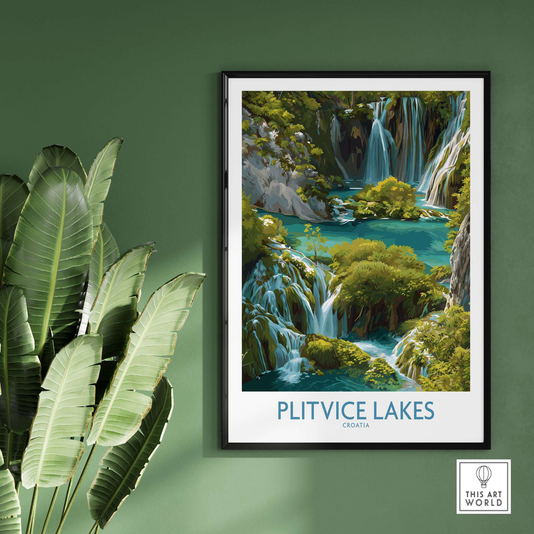 Plitvice Lakes Cascade poster displaying a tranquil waterfall scene, capturing Croatia's natural beauty.