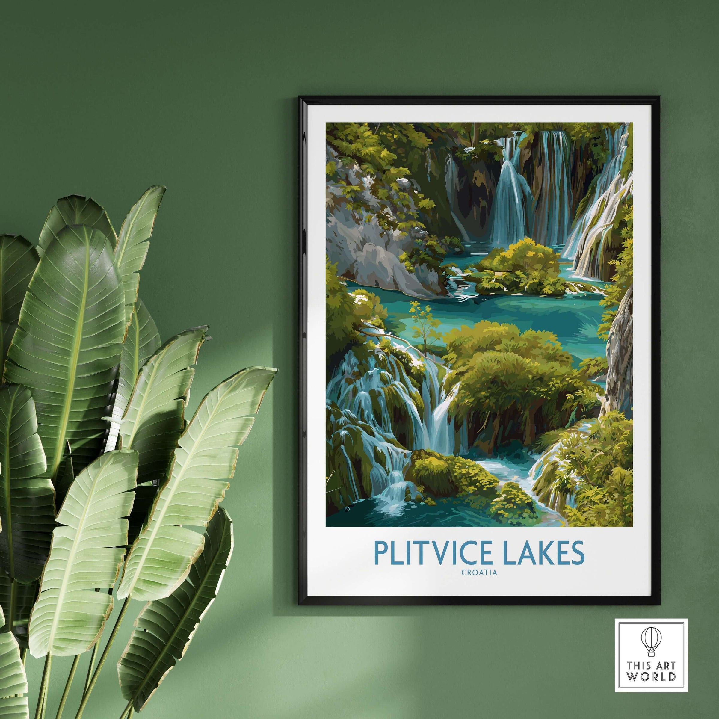 Plitvice Lakes Cascade Poster, Croatia Wall Art, Waterfall Print displayed in a modern setting with indoor plants.