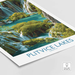 Plitvice Lakes Cascade Poster, Croatia Wall Art, Waterfall Print showcasing a beautiful waterfall scene.