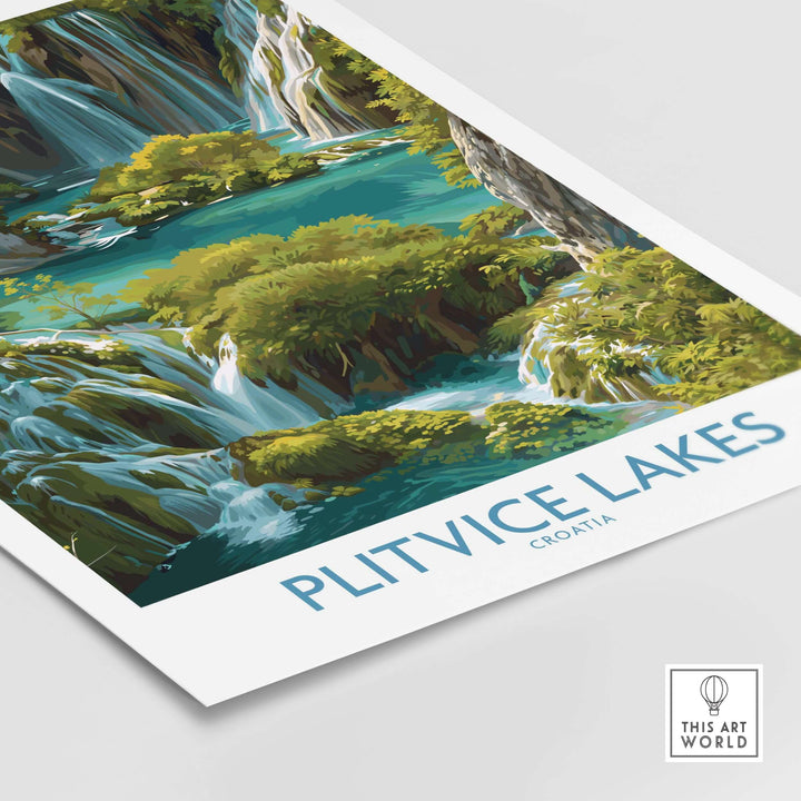 Plitvice Lakes Cascade poster showcasing a vibrant waterfall scene, ideal for Croatia wall art and decor.