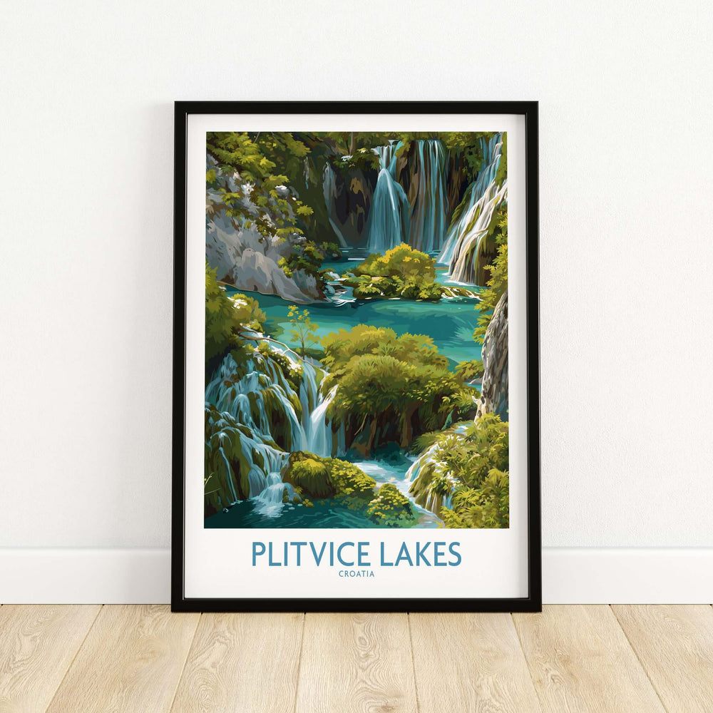 Plitvice Lakes Cascade Poster featuring a vibrant waterfall scene, ideal for Croatia wall art, showcasing natural beauty.
