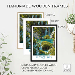Plitvice Lakes Cascade Poster, Croatia Wall Art, Waterfall Print in handmade wooden frames, natural, white, black options.