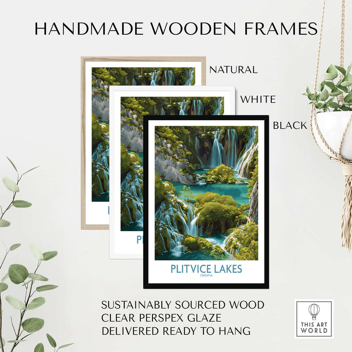 Plitvice Lakes wooden frames in natural, white, and black styles for wall art, showcasing serenity and elegance.