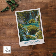 Plitvice Lakes Cascade Poster, Croatia Wall Art, Waterfall Print showcasing stunning waterfall scene on wooden table.
