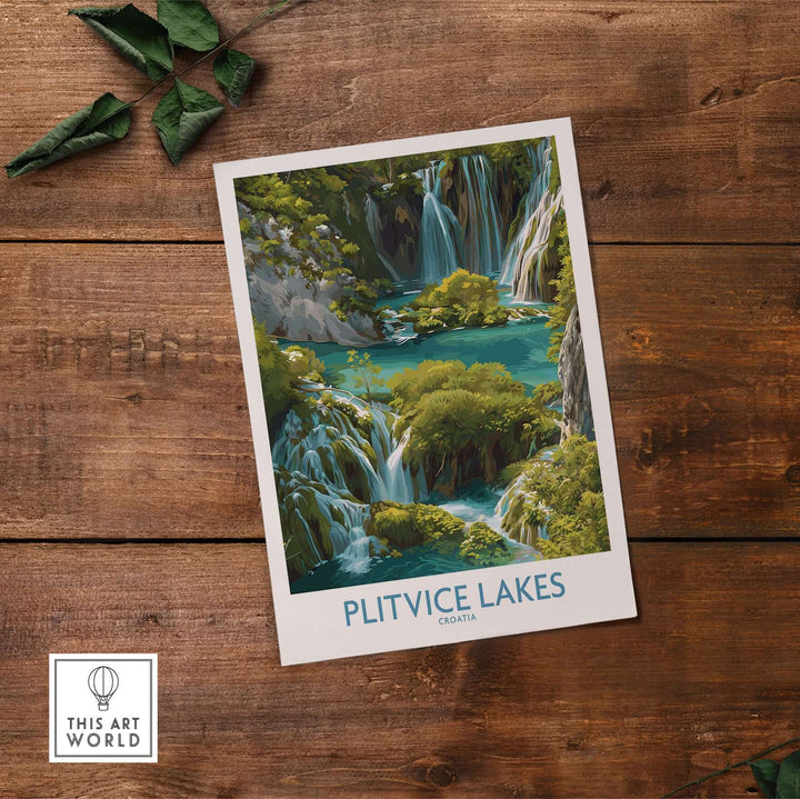 Plitvice Lakes cascade poster showcasing a serene waterfall landscape in Croatia, perfect for home or office decor.
