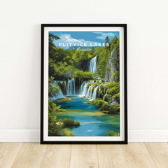 Croatia Landscape Poster, Plitvice Lakes Wall Decor, Mountain and Nature Travel Print featuring cascading waterfalls.