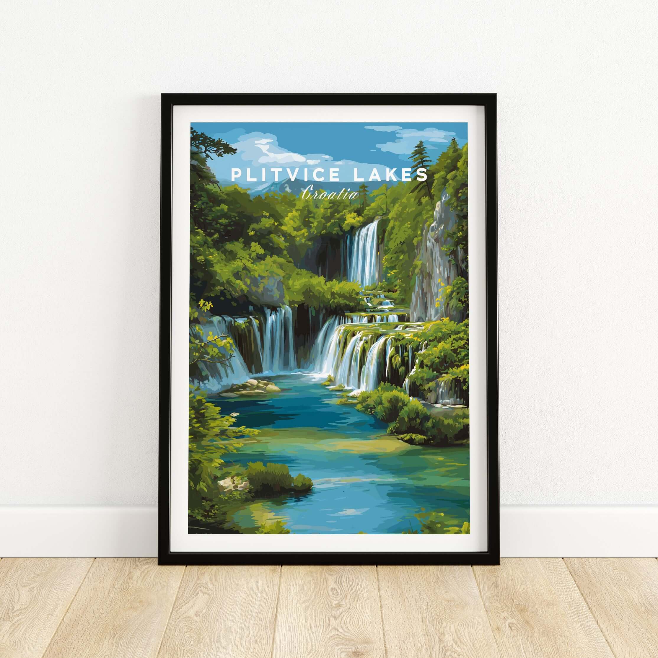 Croatia Landscape Poster, Plitvice Lakes Wall Decor, Mountain and Nature Travel Print featuring cascading waterfalls.