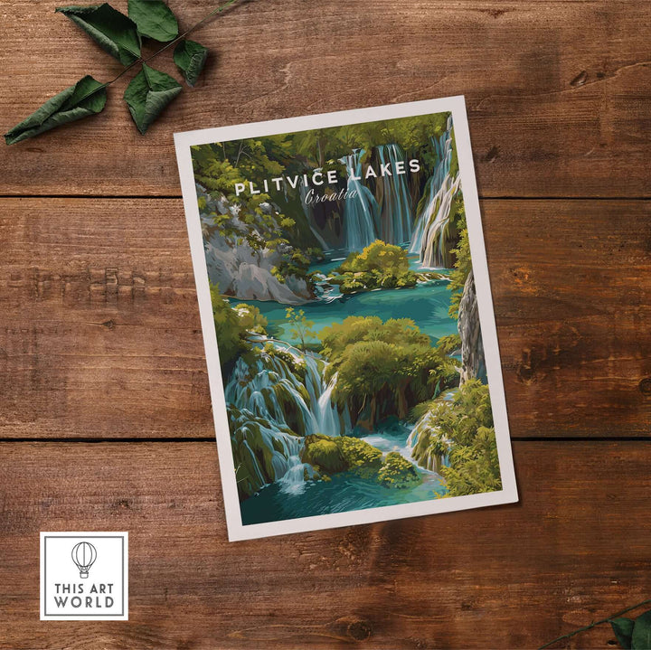 Plitvice Lakes Croatia national park poster showcasing vibrant waterfalls and lush greenery, perfect for home decor.