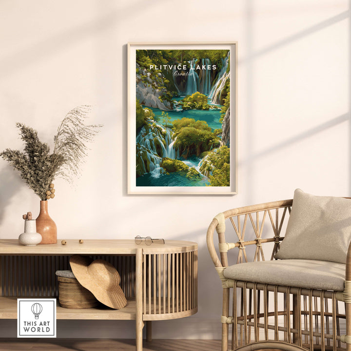 Plitvice Lakes poster showcasing vibrant natural landscapes of Croatia in a stylish home decor setting.