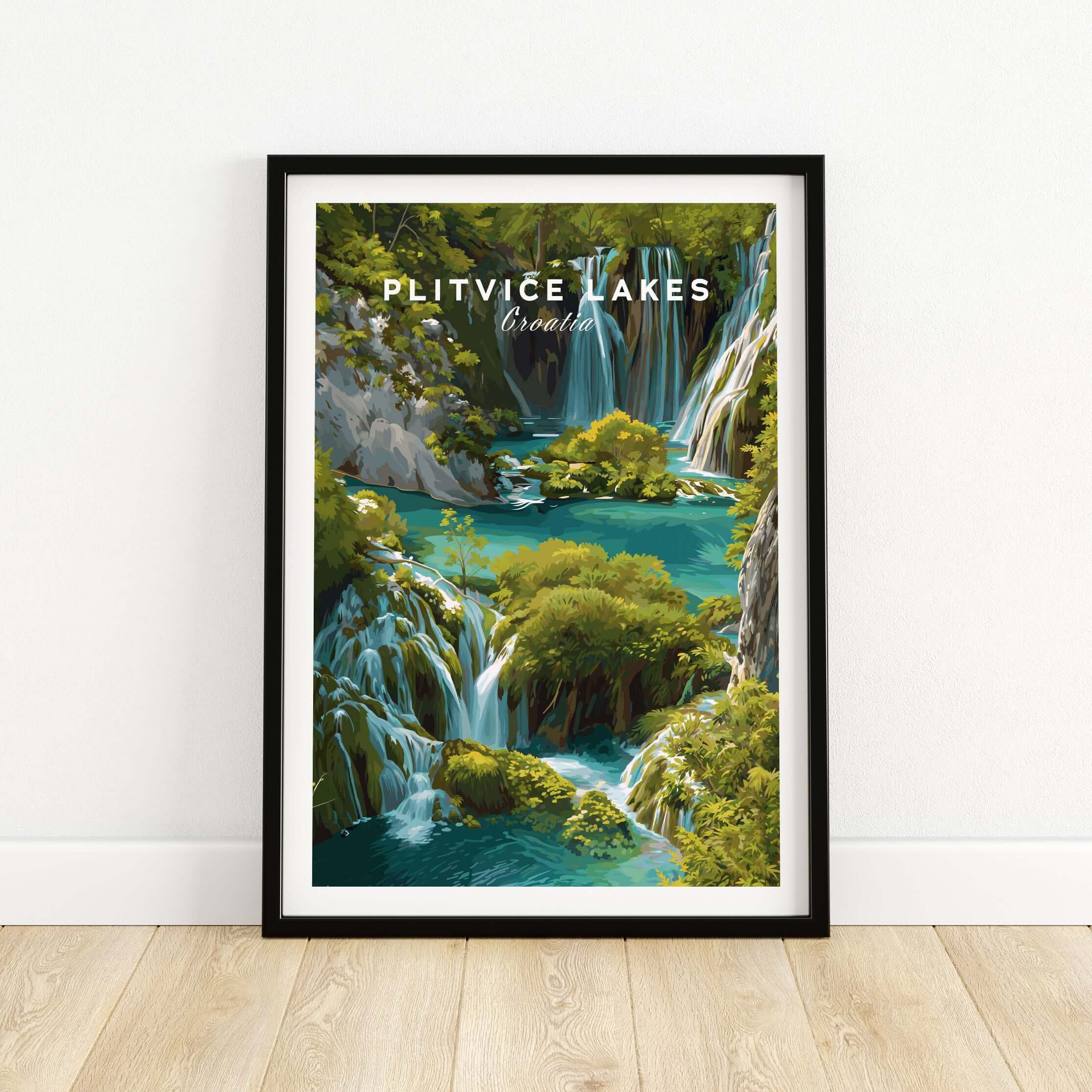 Plitvice Lakes Home Decor, Croatia National Park Poster, Natural Landscape Wall Art featuring vibrant waterfalls and greenery.