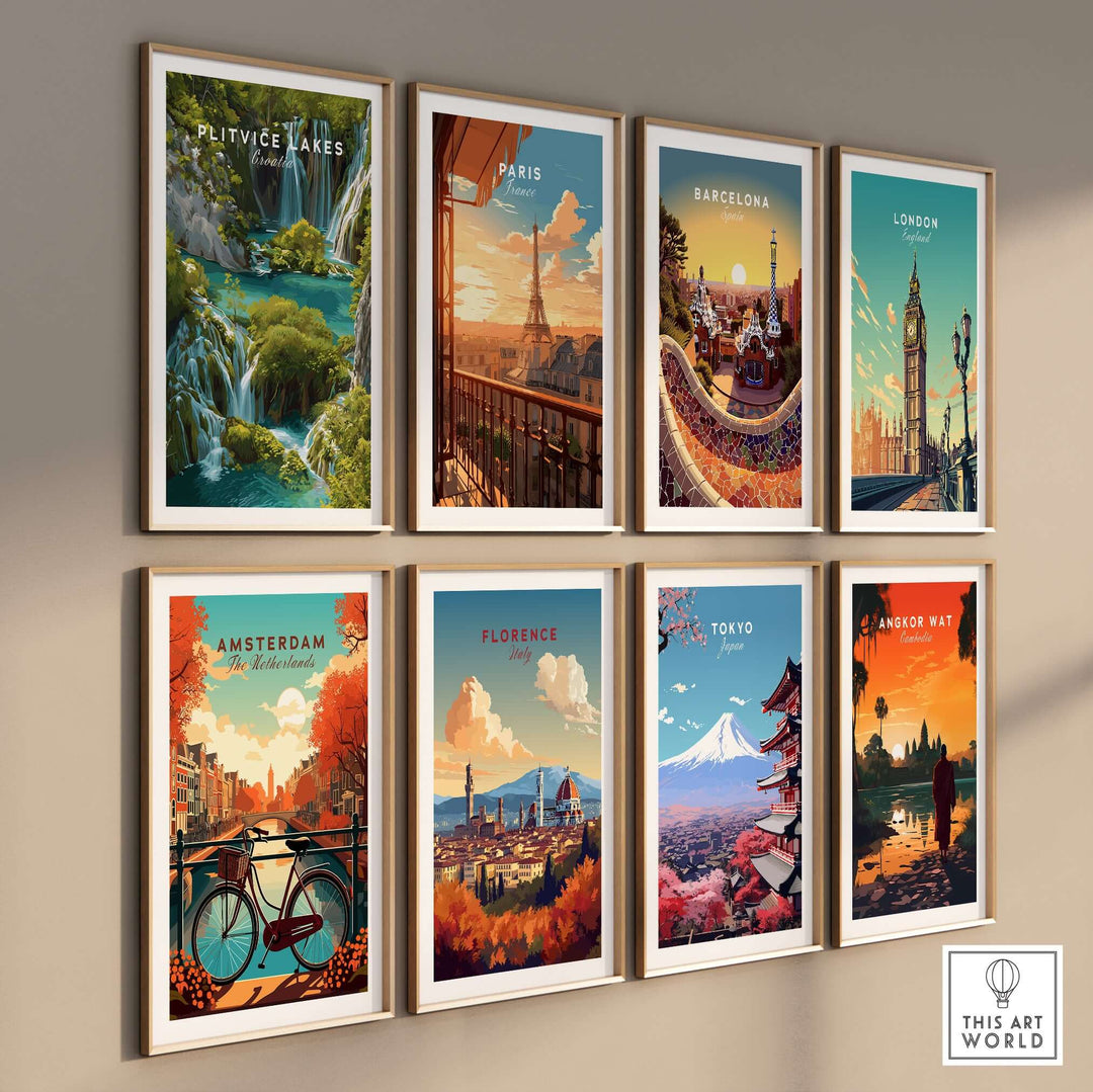 Gallery wall featuring travel posters including Plitvice Lakes, Paris, Barcelona, London, Amsterdam, Florence, Tokyo, and Angkor Wat.
