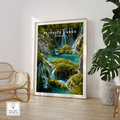 Plitvice Lakes Home Decor, Croatia National Park Poster, Natural Landscape Wall Art in a stylish interior setting.