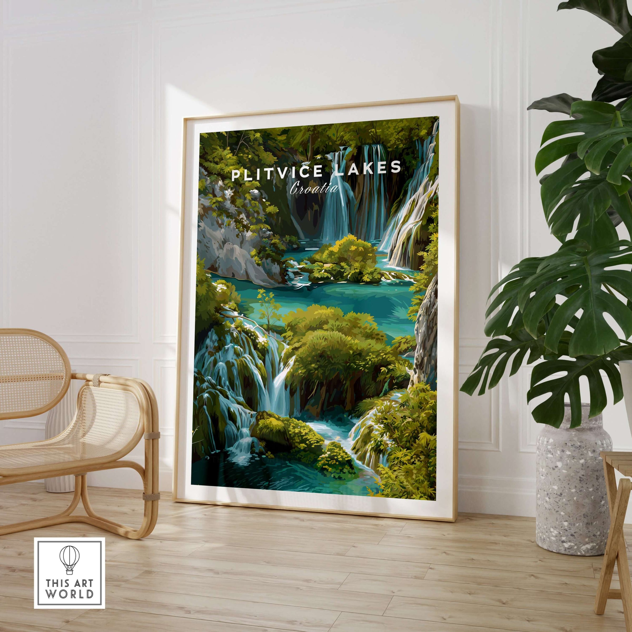 Plitvice Lakes Home Decor, Croatia National Park Poster, Natural Landscape Wall Art in a stylish interior setting.