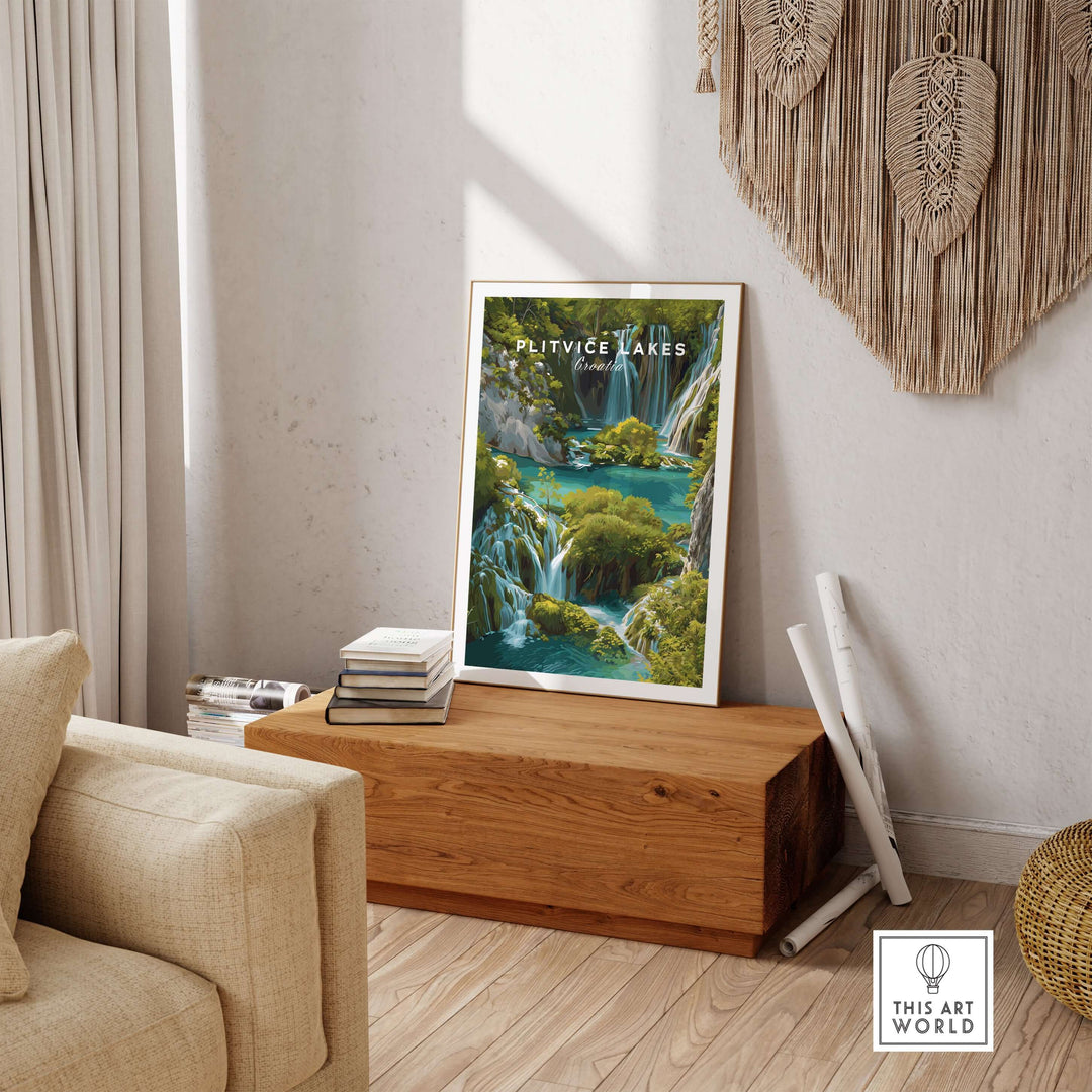 Plitvice Lakes poster in a cozy living room, showcasing Croatia's natural beauty and vibrant landscapes.