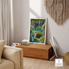 Plitvice Lakes Home Decor, Croatia National Park Poster, Natural Landscape Wall Art displayed in a cozy living room.