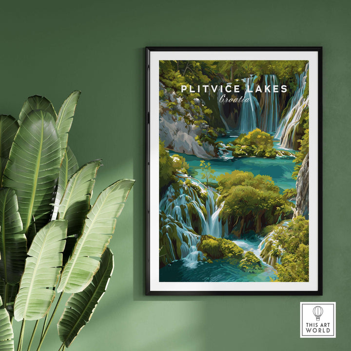 Plitvice Lakes Croatia poster featuring vibrant waterfalls and lush greenery, perfect for home decor.