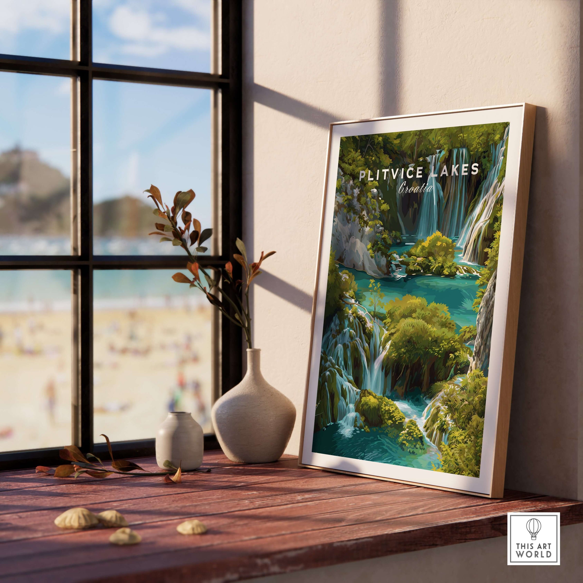 Plitvice Lakes Home Decor, Croatia National Park Poster, Natural Landscape Wall Art displayed in a cozy interior setting.