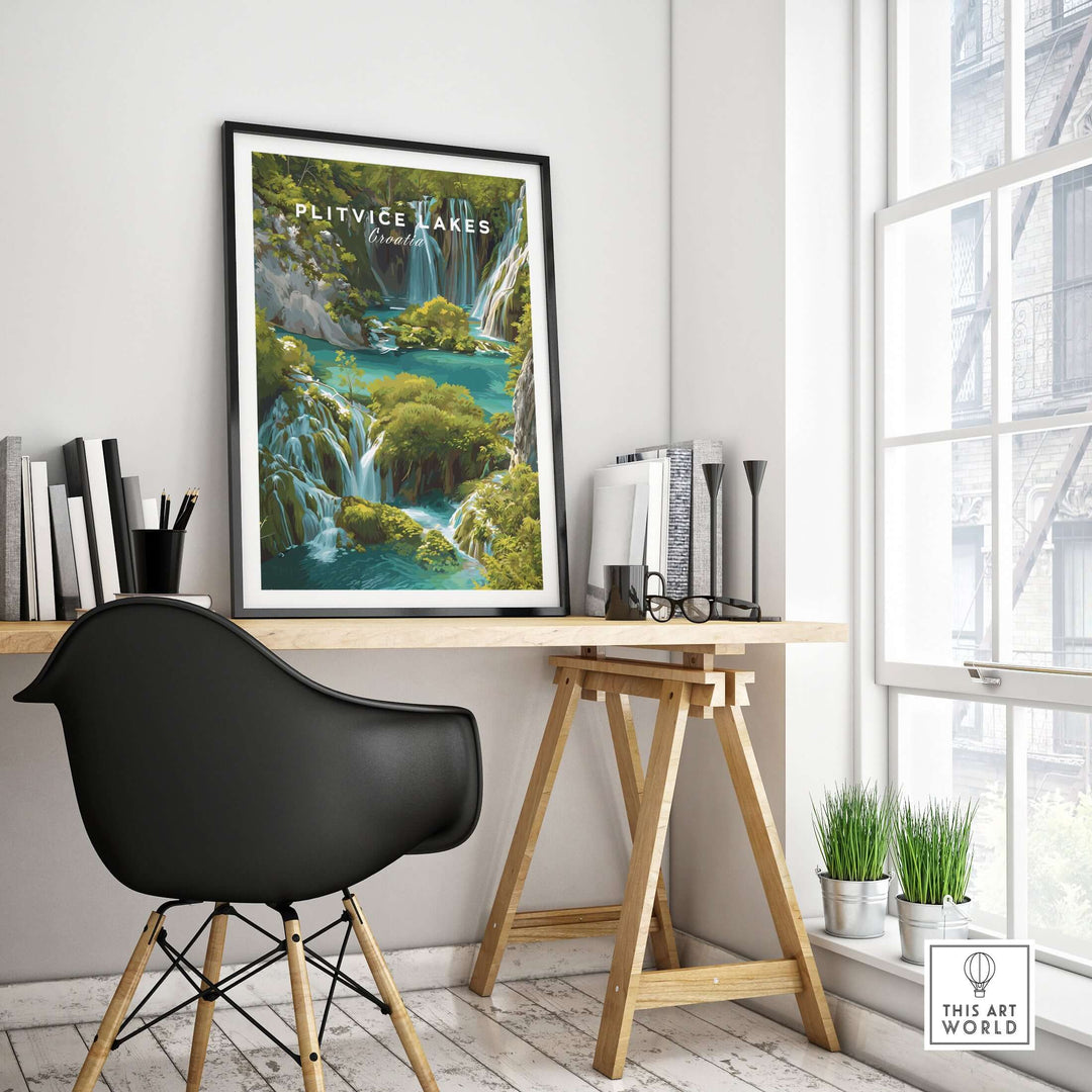 Plitvice Lakes poster showcasing Croatia's natural beauty, enhancing modern home decor with vibrant landscape art.