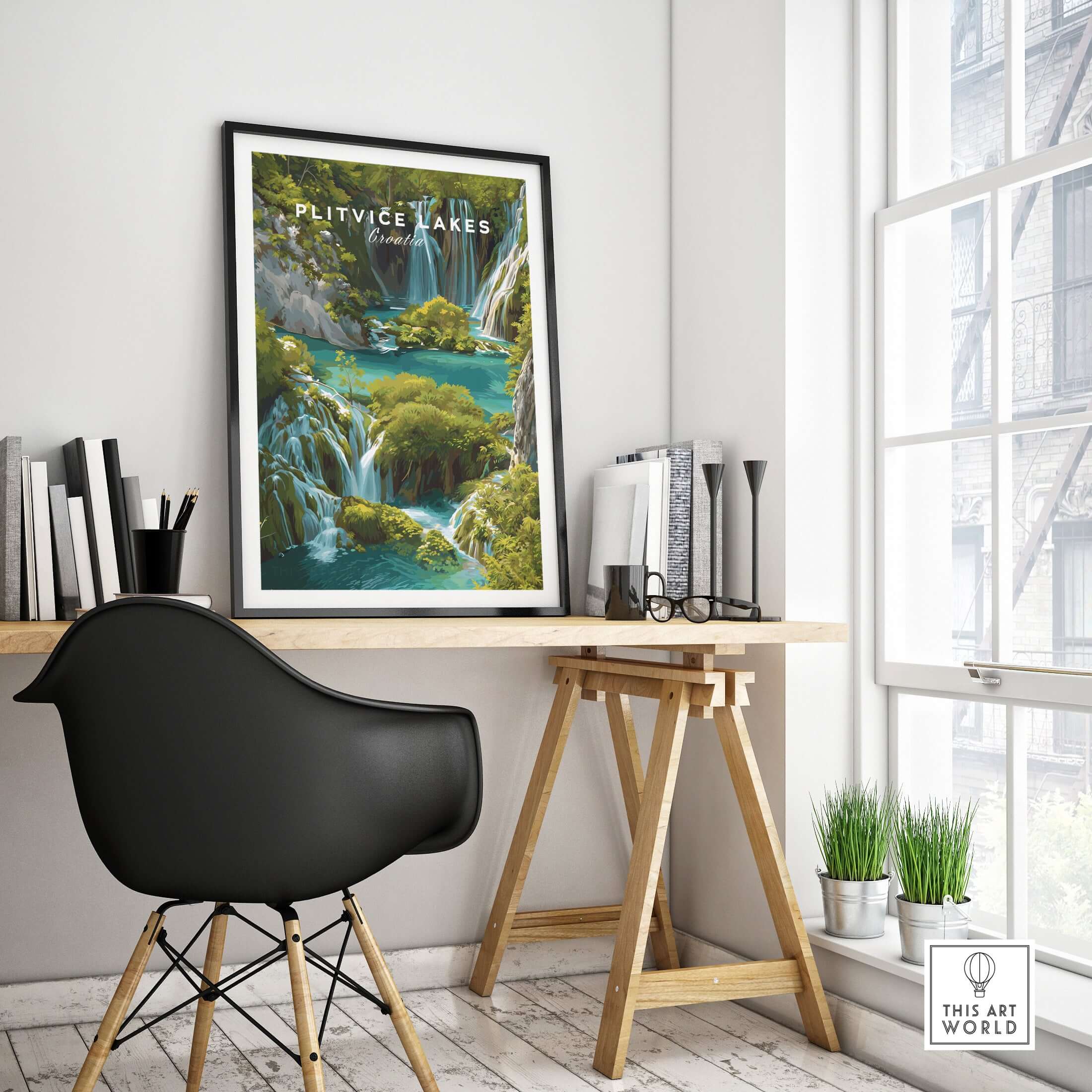 Plitvice Lakes Home Decor, Croatia National Park Poster, Natural Landscape Wall Art displayed in an office.