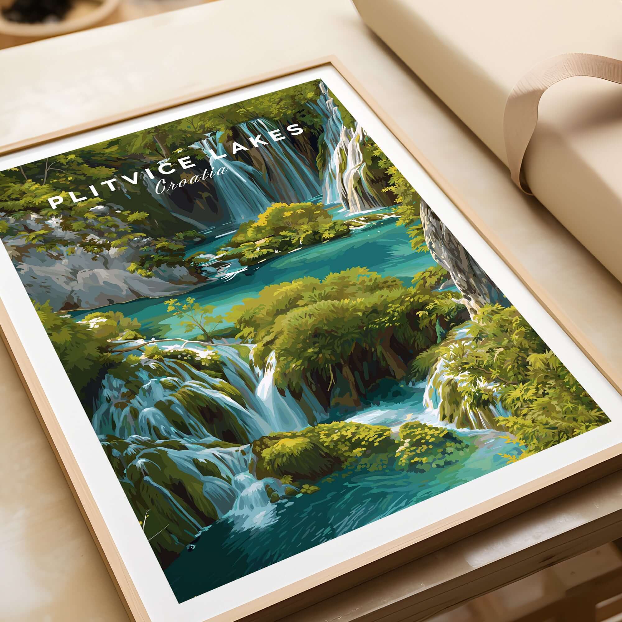 Plitvice Lakes Home Decor, Croatia National Park Poster, Natural Landscape Wall Art featuring stunning waterfalls and lush greenery.